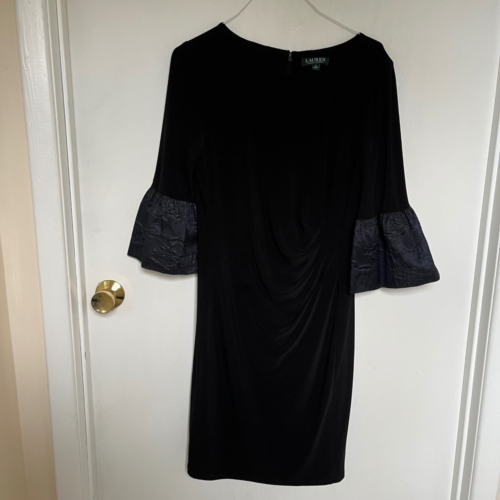 Lauren Ralph Lauren Black Ruched Sheath Dress Metallic Bell Sleeve Size 14